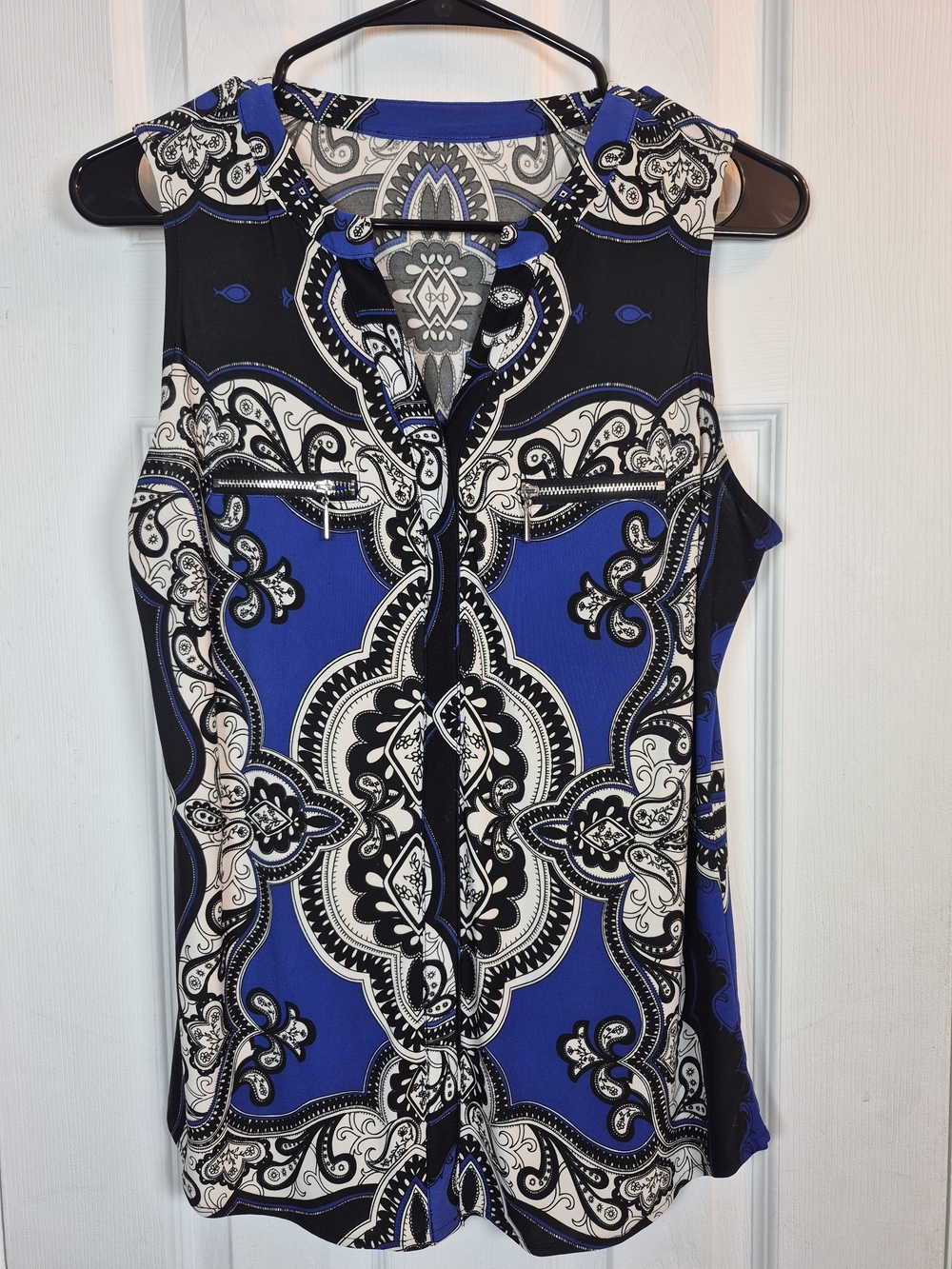 Royal Blue Paisley Sleeveless Split Neck Blouse Zip Accent Top Boho Y2K